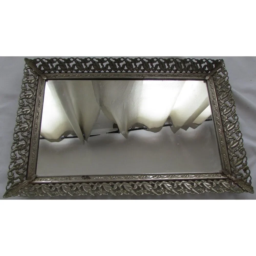 Vintage Hollywood regency style vanity tray ornate metal border mirror